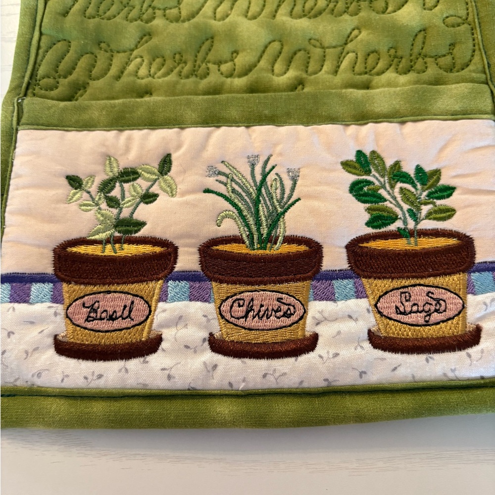 Pair of Green Herb Embroidered Kitchen Potholders with a Pocket! Adorable!
